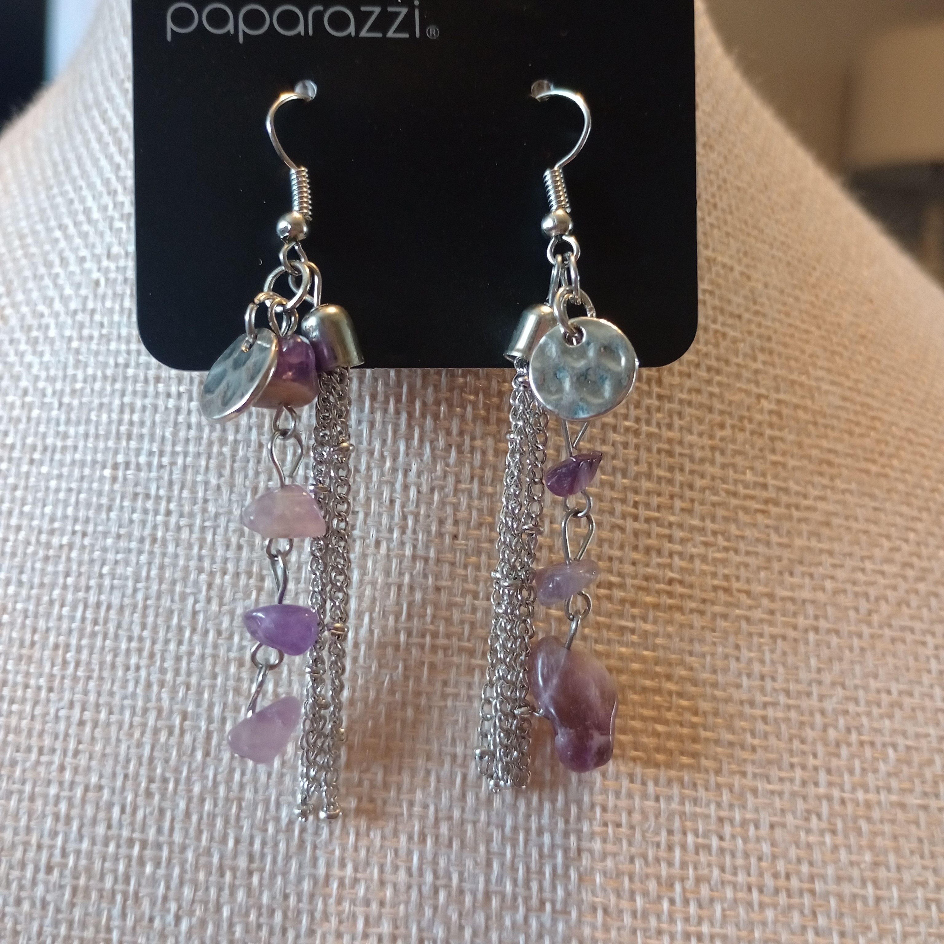 Paparazzi Silver-Tone Amethyst Chip Chain Tassel Earrings